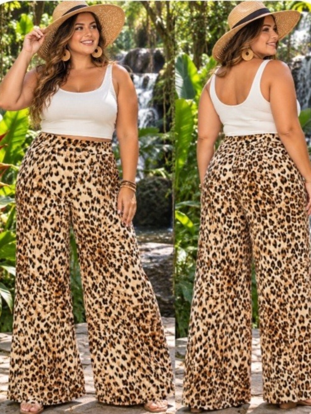 KFAB Designs Tan Black Brown Pull On Leopard Print Palazzo Pants NWOT Size 1X